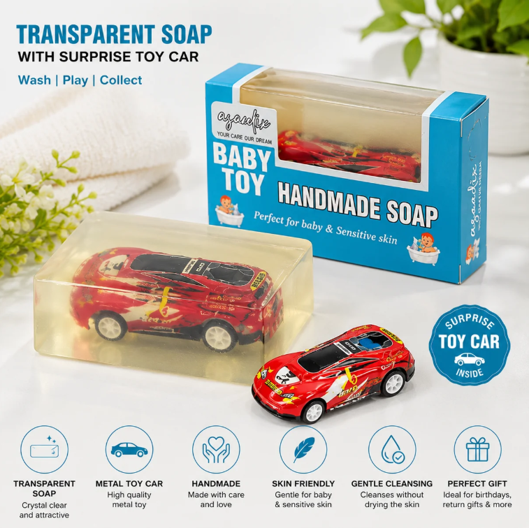 Transparent Toy Car Soap Pack of 2

Kids Transparent Toy Soap

Toy Car Inside Soap

Fun Hand Wash Soap for Kids

Crystal Clear Toy Soap